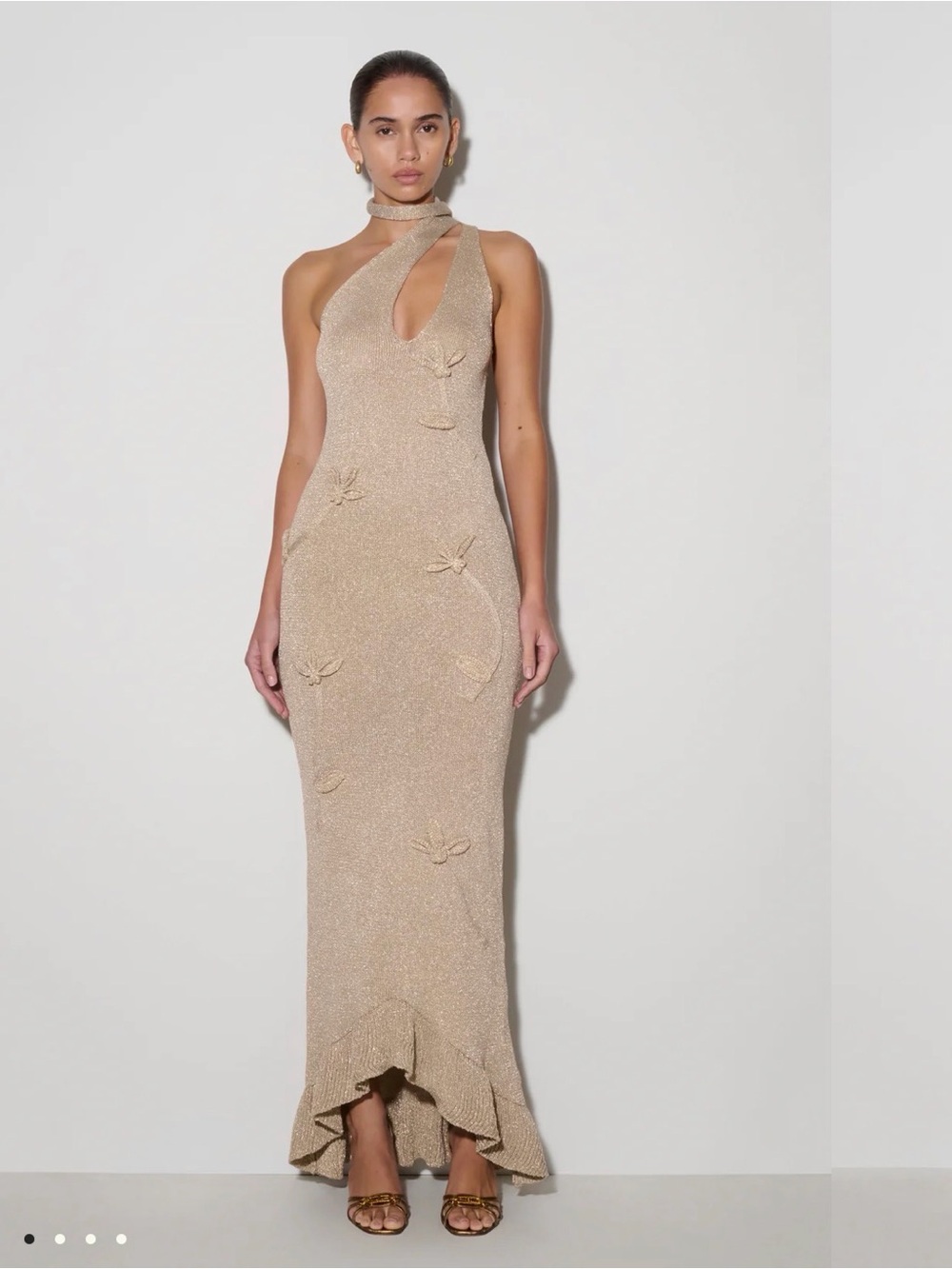 Meshki Shimmery Taupe Halter Midi Dress with Keyhole